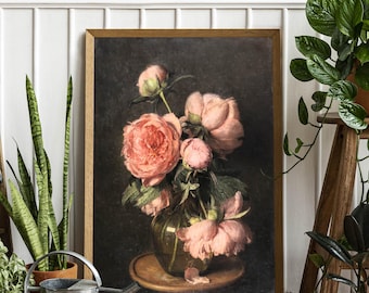 Moody Pink Peonies Giclée Print: Vintage Floral Canvas Wall Art