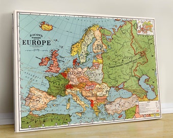 May include: A vintage map of Europe from Bacon's Standard Maps, showing the countries and borders of Europe in the mid-20th century. The map is printed on a light blue background with green, yellow, and red colors used to highlight the different countries.