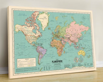 Französisches Poster Aktuelle Weltkarte, XL Vintage Stil Detaillierte Planisphere (französische Version), Affiche Carte Du Monde Actuel, Mappe Monde