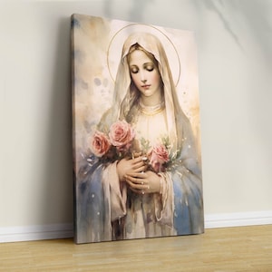 Blessed Virgin Mary Watercolor Art Home Decor, Catholic Poster, Christian Wall Decor, Mary our Mother Image, Mary Mother Canvas, Holy Mary