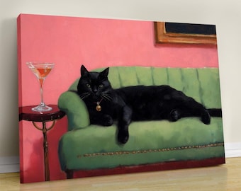 Black Cat Martini Art Print: Whimsical Cocktail Bar Decor