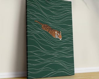 Japanese Inspired Swimming Tiger Print, Vintage Ukiyo-e Style Wall Art, Minimalist Animal Poster, Modern Asian Inspired Tiger Decor