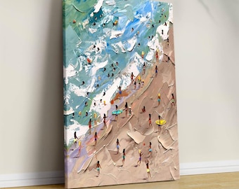 Beach Scene Canvas Print: Tiny People Swimming, Summer Wall Art