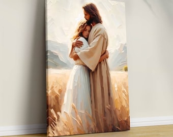 Jesus Hugging Girl Canvas: Christian Art, Bible Verse Wall Decor