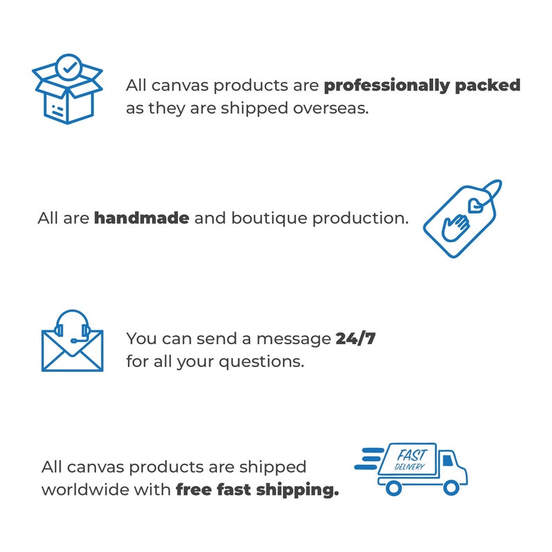 K&ouml;nnte beinhalten: Illustration von vier Symbolen, die die Vorteile des Kaufs von Leinwandprodukten darstellen. Das erste Symbol zeigt eine Schachtel mit einem H&auml;kchen, das f&uuml;r professionell verpackt steht. Das zweite Symbol zeigt eine Hand, die ein Herz h&auml;lt, das f&uuml;r handgefertigt steht. Das dritte Symbol zeigt einen Umschlag mit einem Headset, das f&uuml;r einen 24/7-Kundenservice steht. Das vierte Symbol zeigt einen LKW mit den Worten "Schnelle Lieferung", das f&uuml;r kostenlosen, schnellen Versand steht.