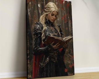 Lady Knight Reading Art Print: Dark Academia Medieval Fantasy Wall Decor