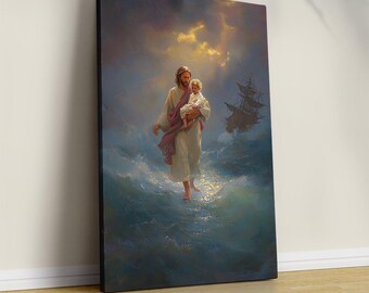 May include: A framed canvas print depicts a religious scene. A figure in white robes, with a red sash, carries a child across turbulent water. A ship sails in the background under a dramatic sky with golden light.