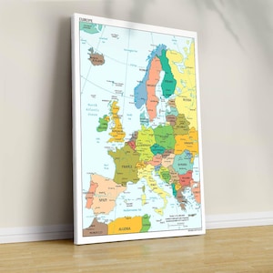 Politische Karte von Europa Poster, Kartierung der Länder Europas, lebendige politische Karte, Europakarte, farbenfrohe Büro-Wanddekoration, gerahmt