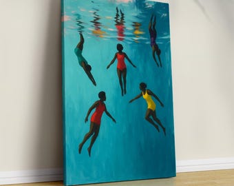 Cuadro en lienzo de mujeres negras nadando: Libertad en el agua, decoración moderna para el hogar