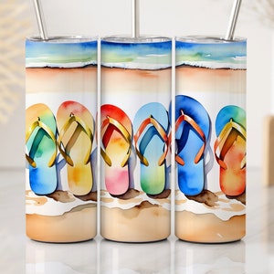 Aquarell Strand Flip Flops, nahtlos links-rechts, süß & lustig Sommer am Strand Papier, 20 Unzen Skinny Straight Tumbler Wrap, digitaler Download