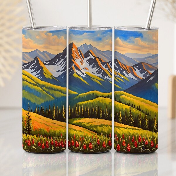 Painted Mountain Range and Valley Wrap, Seamless Left-Right, Vibrant and Colorful, 20oz Skinny Straight Tumbler Wrap, Digital Download