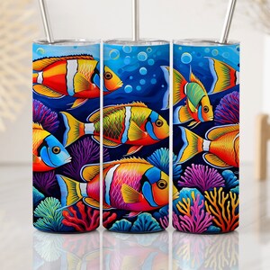Lebhafter Tropischer Fisch, Nahtlos von links nach rechts, gemaltes niedliches Aquariumpapier, Fishies, Reef, 20 Unzen Skinny Straight Tumbler Wrap, digitaler Download