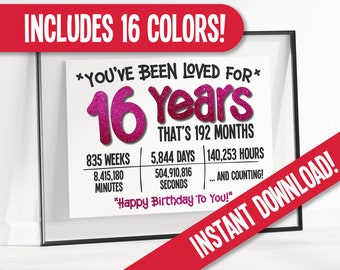 You've Been Loved for 16 Years Printable Bundle, 3 Different Posters, 16 colors, Happy 16th Birthday Sign Digital Download Print at Home