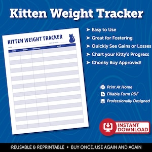 Könnte beinhalten: Druckbarer Gewichts-Tracker für Kätzchen mit einem blauen Katzen-Symbol. Die Tabelle hat Spalten für Datum, Gewicht, Differenz und Notizen. Der Text "Kitten Weight Tracker" befindet sich oben in der Tabelle. Der Text "Wiederverwendbar & wiederverwendbar - Kaufen Sie einmal, verwenden Sie es immer wieder" befindet sich unten in der Tabelle.