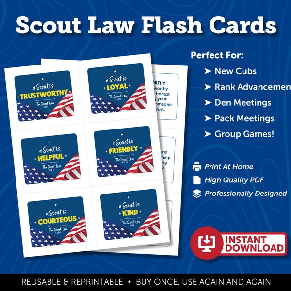 Scout Law Flash Cards | Printable PDF | Perfect for Cub Scouts | Den Meeting | Pack Activity | Den Games | New Scout | Bobcat Rank