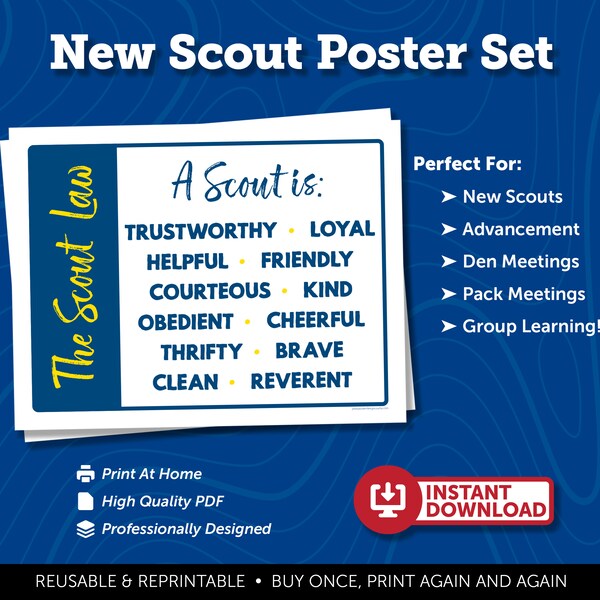 New Scout Poster Set | Printable | Cub Scouts | Den Leader Teaching Aids | Law | Oath | Motto | Slogan | Outdoor Code | Pack Meeting