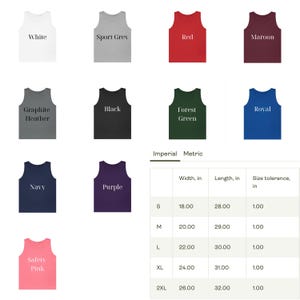 Puede incluir: Una colecci&oacute;n de camisetas sin mangas en varios colores, incluyendo blanco, gris, rojo, granate, negro, verde, azul, marino, morado y rosa. Cada camiseta sin mangas tiene su nombre de color impreso. La imagen tambi&eacute;n incluye una tabla de tallas con medidas en pulgadas.