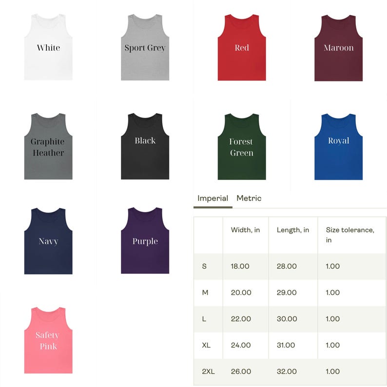 Puede incluir: Una colecci&oacute;n de camisetas sin mangas en varios colores, incluyendo blanco, gris, rojo, granate, negro, verde, azul, marino, morado y rosa. Cada camiseta sin mangas tiene su nombre de color impreso. La imagen tambi&eacute;n incluye una tabla de tallas con medidas en pulgadas.