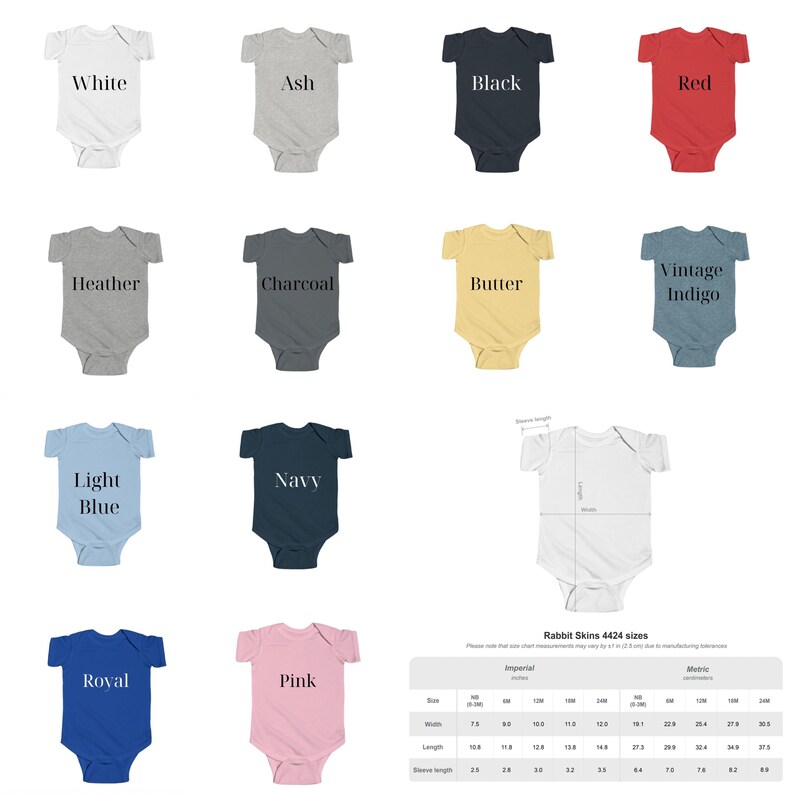 Puede incluir: Una colecci&oacute;n de bodies para beb&eacute;s en varios colores: blanco, ceniza, negro, rojo, brezo, carb&oacute;n, mantequilla, &iacute;ndigo vintage, azul claro, marino, azul real y rosa. Cada body est&aacute; etiquetado con su nombre de color.