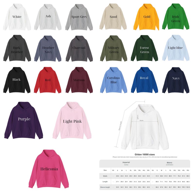 Puede incluir: Una colecci&oacute;n de sudaderas con capucha Gildan 18500 en varios colores, incluyendo blanco, negro, rojo y morado. Cada sudadera tiene una capucha y un bolsillo delantero. La imagen tambi&eacute;n incluye una tabla de tallas con medidas m&eacute;tricas.