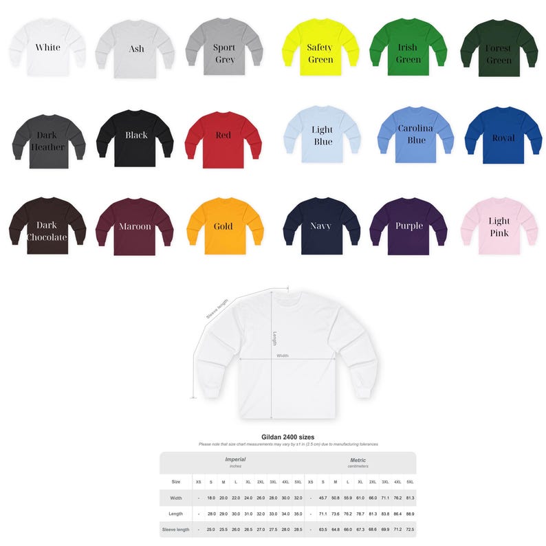 Puede incluir: Una colecci&oacute;n de camisetas de manga larga Gildan 2400 en varios colores, incluyendo blanco, negro, rojo y azul marino. La imagen tambi&eacute;n muestra una camiseta blanca con medidas en pulgadas y cent&iacute;metros.