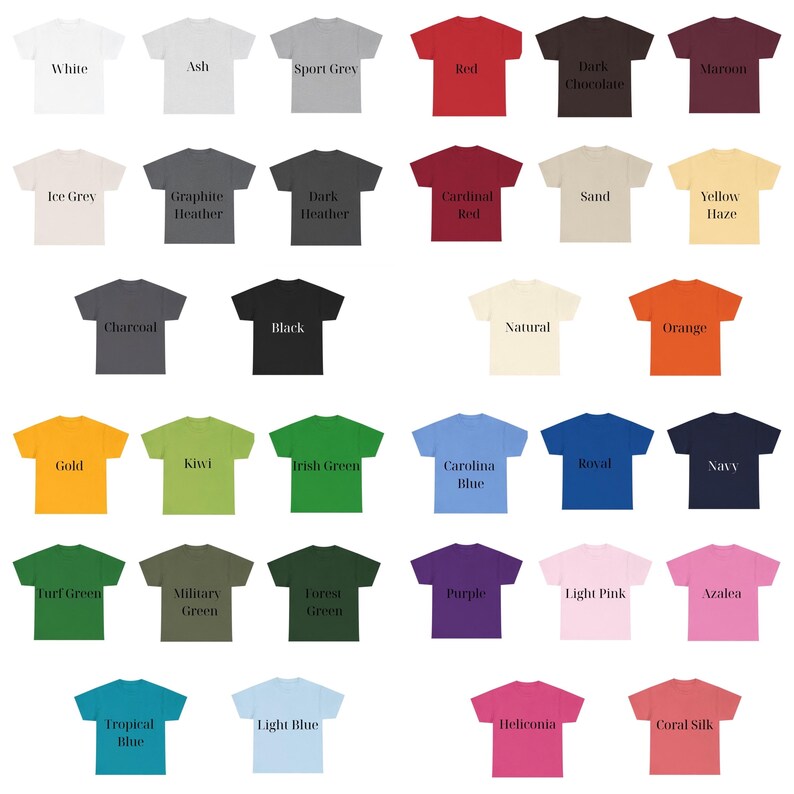 Puede incluir: Una colecci&oacute;n de camisetas en varios colores, incluyendo blanco, rojo y negro. Cada camiseta muestra el nombre de su color en una fuente contrastante. Las camisetas est&aacute;n dispuestas en filas y columnas, mostrando una amplia gama de tonos.