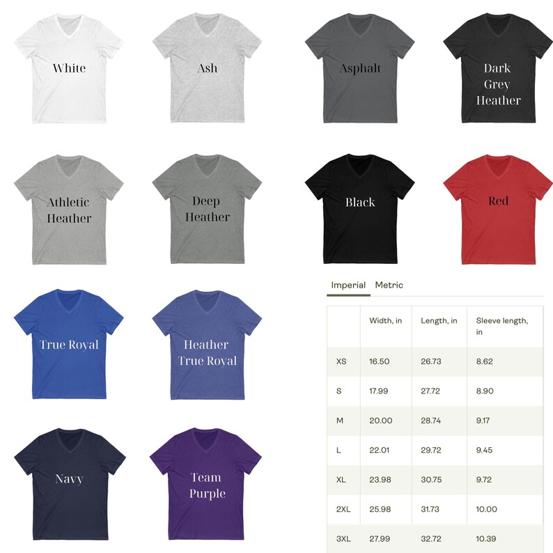 Puede incluir: Una selecci&oacute;n de camisetas con cuello en V en varios colores, incluyendo blanco, ceniza, asfalto y negro. La imagen tambi&eacute;n muestra una tabla de tallas con medidas en pulgadas, con los equivalentes en cm.