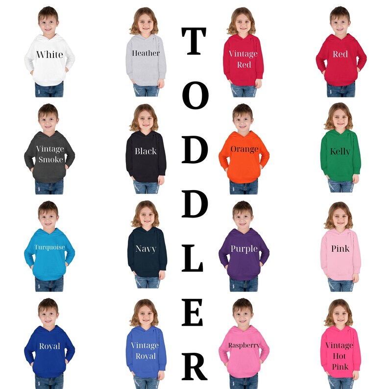 Puede incluir: Una colecci&oacute;n de sudaderas con capucha para ni&ntilde;os peque&ntilde;os en varios colores: blanco, gris, rojo, negro, naranja, turquesa, azul marino, morado, rosa y azul real. Cada sudadera tiene el nombre del color impreso.