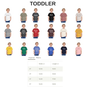 Puede incluir: Una variedad de camisetas para ni&ntilde;os peque&ntilde;os en diferentes colores, incluyendo blanco, negro y rojo. Las camisetas se muestran con informaci&oacute;n de tallas y medidas. El texto "TODDLER" est&aacute; en la parte superior.