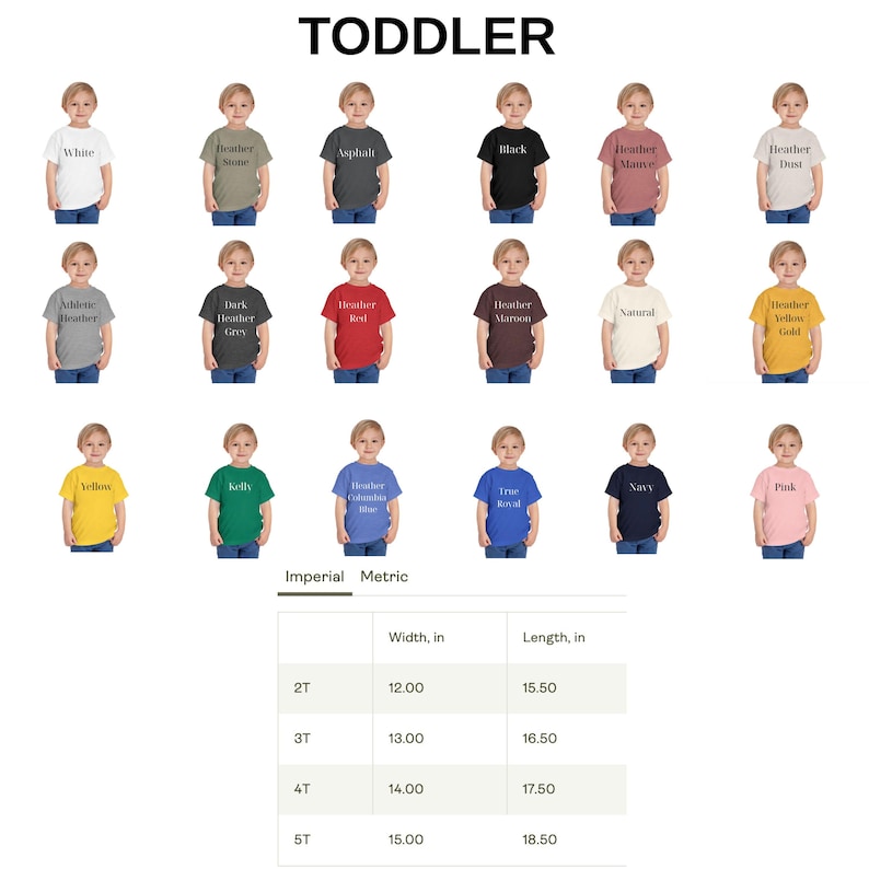 Puede incluir: Una variedad de camisetas para ni&ntilde;os peque&ntilde;os en diferentes colores, incluyendo blanco, negro y rojo. Las camisetas se muestran con informaci&oacute;n de tallas y medidas. El texto "TODDLER" est&aacute; en la parte superior.