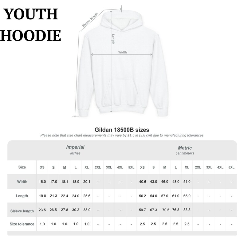 Puede incluir: Sudadera con capucha blanca para j&oacute;venes con capucha y bolsillo delantero, mostrada con una tabla de tallas. La tabla muestra medidas en pulgadas y cent&iacute;metros para el ancho, largo y largo de la manga. El texto "YOUTH HOODIE" est&aacute; en la parte superior.