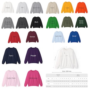 Puede incluir: Una colecci&oacute;n de sudaderas Gildan 18000 de cuello redondo en varios colores, incluyendo blanco, negro, rojo y azul marino. La imagen tambi&eacute;n incluye una tabla de tallas con medidas en cent&iacute;metros.