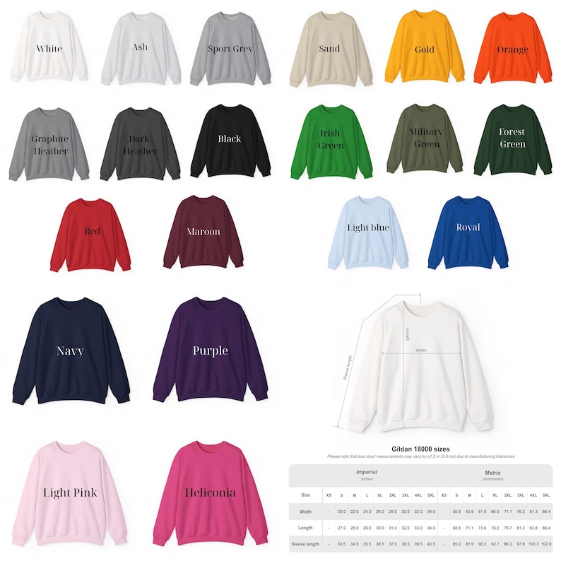 Puede incluir: Una colecci&oacute;n de sudaderas Gildan 18000 de cuello redondo en varios colores, incluyendo blanco, negro, rojo y azul marino. La imagen tambi&eacute;n incluye una tabla de tallas con medidas en cent&iacute;metros.