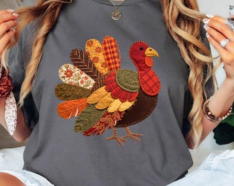 Patchwork Turkey Shirt Latch Hook Yarn  Crochet print Turkey Faux Embroidery Sweatshirt Fall Vibes Shirt Thanksgiving gift trendy preppy