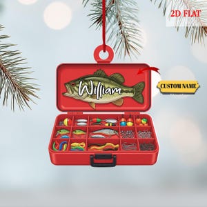 Adorno de caja de aparejos de pesca personalizado, acrílico plano 2D, regalo de pescador navideño personalizado, adorno navideño para papá, abuelo y amante de las actividades al aire libre.