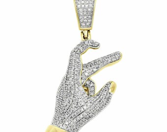 Simsara Jewelry 14K Yellow Gold FN Diamond Eastside Hand Sign Pendant 1.4" Men's Pave Charm .65CT