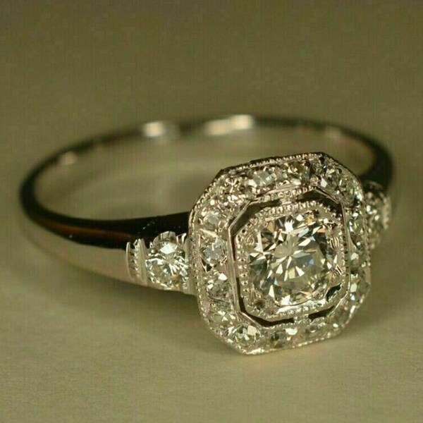 3.20 Ct Round Cut Diamond Antique Halo Art Deco Engagement Ring 14k White Gold Over vintage ring