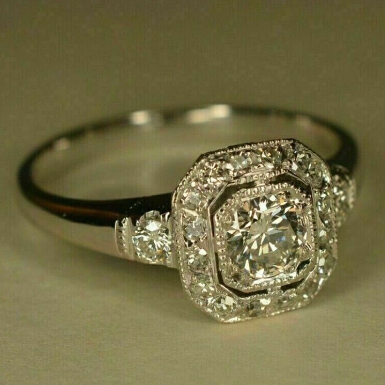 3.20 Ct Round Cut Diamond Antique Halo Art Deco Engagement Ring 14k White Gold Over vintage ring image 1