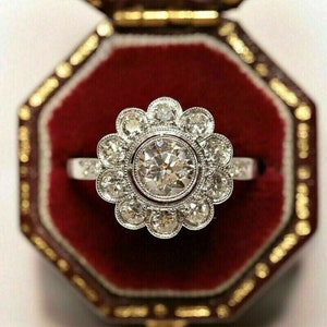 Bague de fiançailles antique vintage avec fleurs, diamants ronds de 3,50 cts, bague en or blanc 14 carats sur halo