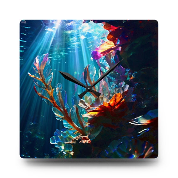 Underwater Coral Reef Glass Clock with Light Shining Down - Nautical Home Decor