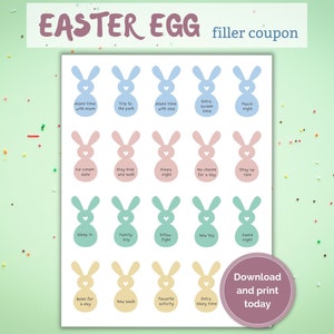 Printable Easter Tokens, Easter Bunny Coupons for Boys or Girls, Easter Egg Coupons for Kids, Easter Egg Fillers, Easter Coupon Printable