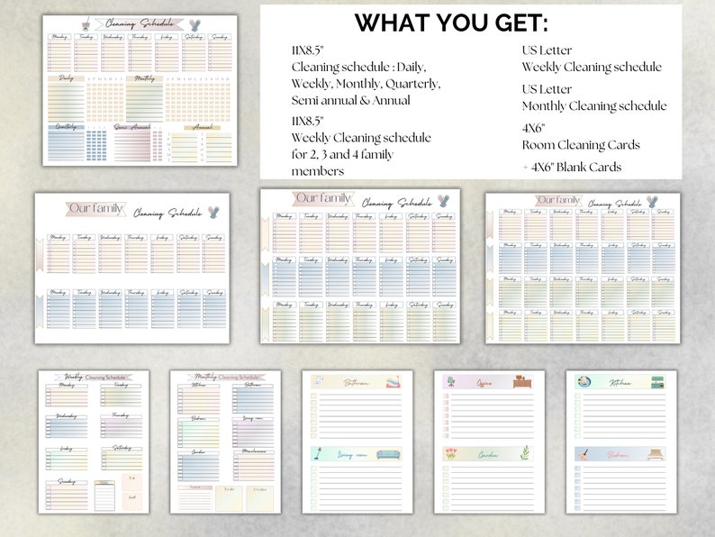 What is included in the bundle: 1 Annual Cleaning Schedule, 1 Weekly Cleaning Schedule, 1 Monthly Cleaning Schedule, 3 Room Cleaning Cards and Bonus.