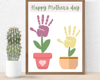 Mothers Day Handprint Art Printable for Mom Card from Kid Craft Activity for Mom Personalised Printable Card with Handprint Flower Pot Card