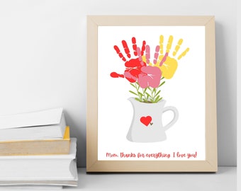 Mothers Day Handprint Art Printable for Mom Card from Kid Craft Activity for Mom Personalised Printable Card with Handprint Bouquet Card