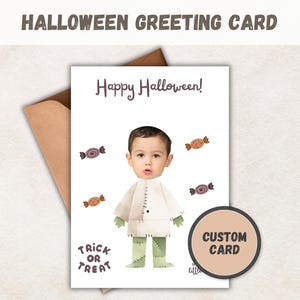 Aangepaste Halloween-fotokaart - gepersonaliseerde wenskaart fotocollage, leuk Halloweencadeau, Frankenstein-kaart - wenskaart Monster