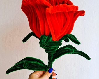 Giant Red Rose – Soft Chenille Wire Flower, Everlasting Romantic Gift for Girlfriend or Weddings, Pipe Cleaners Non-wilting Plushie Flower