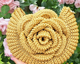 Golden Rose Crochet Bag Metallic Handmade Flower Purse Unique Statement Clutch Elegant Evening Handbag, Luxury Gift, Boho Chic Vintage Style