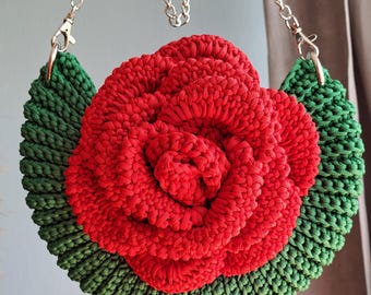 Rose Crochet Bag Handmade Floral Purse, Boho Chic Round Clutch, Elegant Statement Handbag, Botanical Gift for Her, Summer Artisanal Fashion