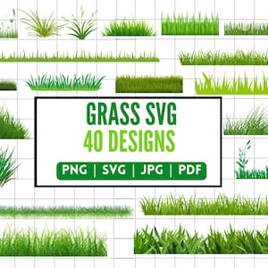 May include: A set of 40 vector illustrations of green grass in various styles and shapes. The illustrations are perfect for adding a touch of nature to your designs. PNG, SVG, JPG, and PDF formats are included.