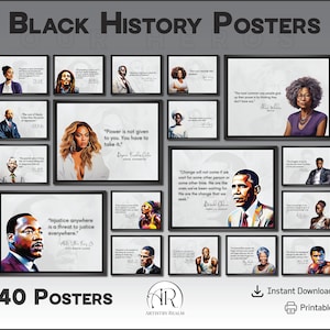 May include: A set of 40 printable posters featuring black history heroes with their quotes. The posters are in a colorful, abstract style. The posters are perfect for decorating your home or classroom.